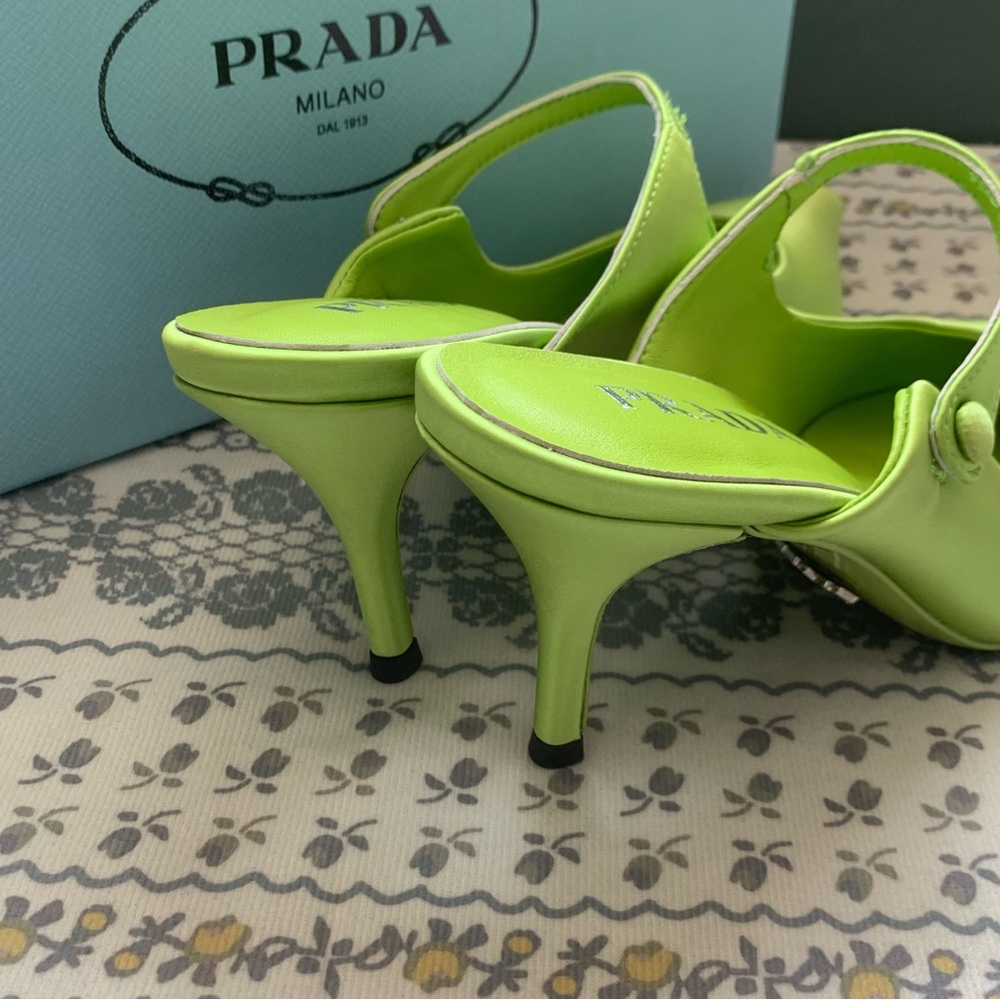 PRADA Lime Green Satin Pointed Toe Slingback Mules - Picture 3 of 4